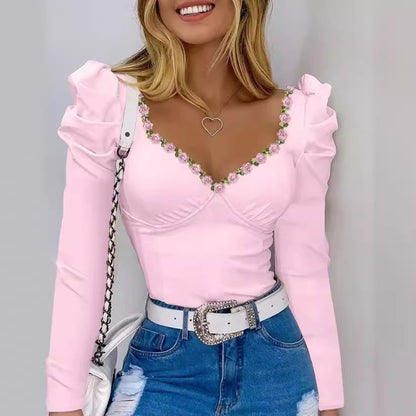 Damen Oberteil Puffärmel Floralmuster Chic