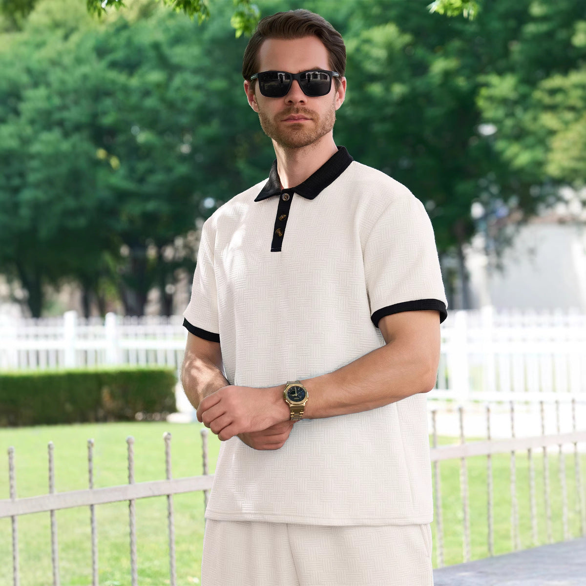 Herren Poloshirt Modern Struktur Muster Knöpfe