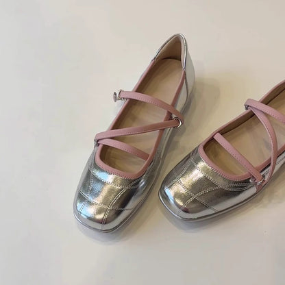 Damen Ballerinas Glänzend Moderne Kreuzriemen Schuhe - BerlinGlamour