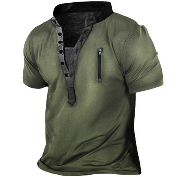 Herren T-Shirt Kurzarm Stehkragen Reißverschluss Tasche Modern