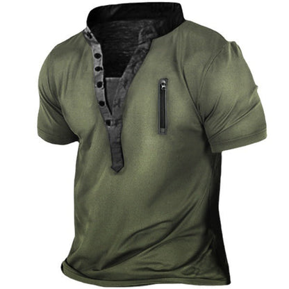 Herren T-Shirt Kurzarm Stehkragen Reißverschluss Tasche Modern