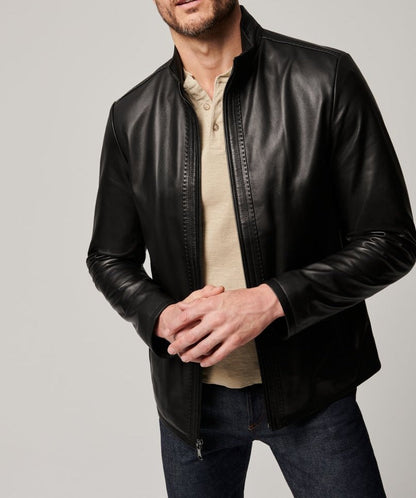 Herren Lederjacke Elegante Ledermantel Hochkragen Schwarz