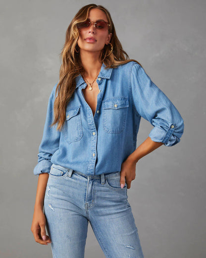 Damen Denim Hemd Umschlagbare Ärmel Zwei Taschen Modern