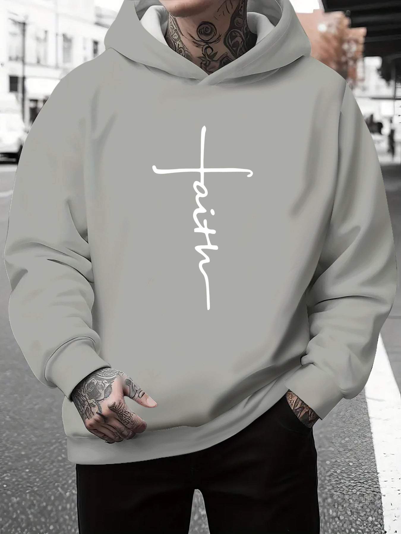 Herren Kapuzenpullover Grau Meliert mit Schriftzug