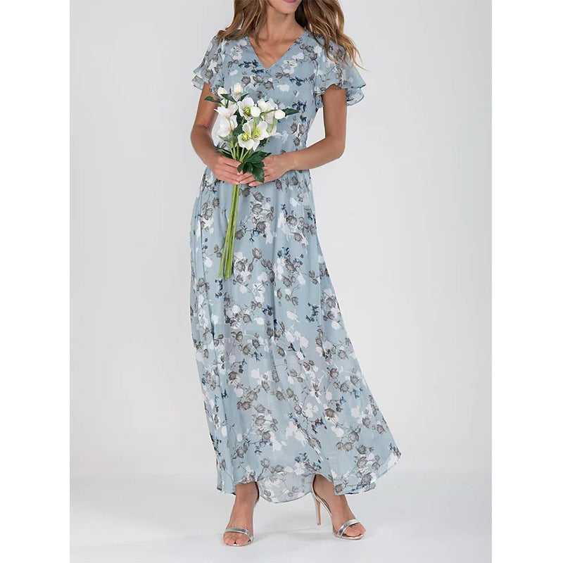 Damen Maxikleid Lang Florale Blumen Chiffon Kleid - BerlinGlamour