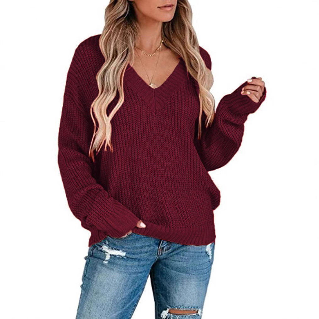 Damen Pullover Feinstrick V-Ausschnitt Lässig Elegant