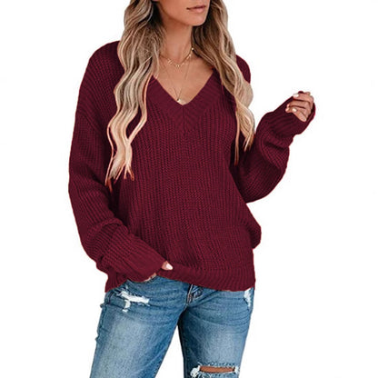 Damen Pullover Feinstrick V-Ausschnitt Lässig Elegant