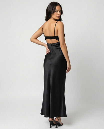 Damen Maxikleid Satin Spitze Elegant Lang