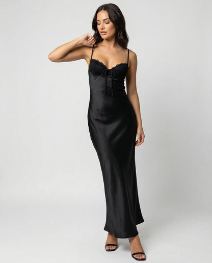Damen Maxikleid Satin Spitze Elegant Lang - BerlinGlamour