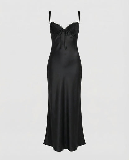 Damen Maxikleid Satin Spitze Elegant Lang