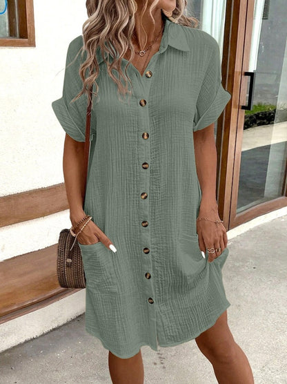 Kleid Damen Hemd mit Knöpfen und Taschen Elegant