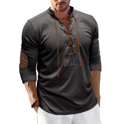 Herren Langarmshirt Mit Latzkordel Kontrastärmel Modern