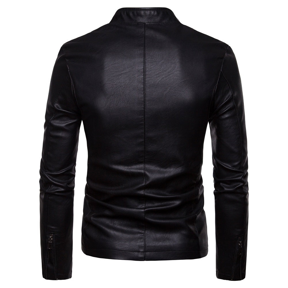 Herren Lederjacke Modern Stehkragen Reißverschlusstaschen