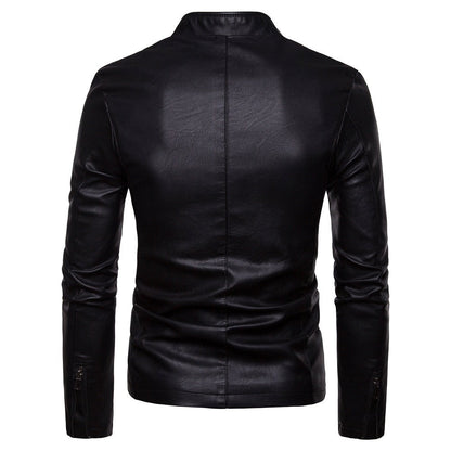 Herren Lederjacke Modern Stehkragen Reißverschlusstaschen