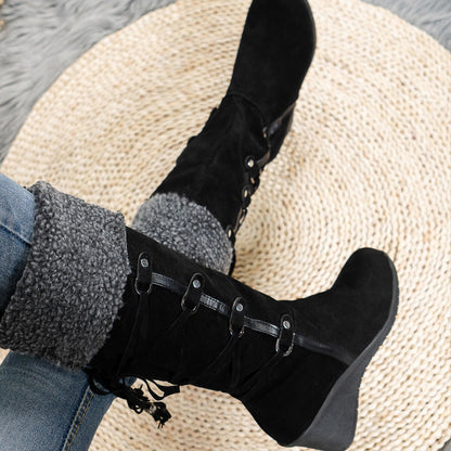 Damen Stiefel Wedge Kuschelig Schnürsenkel Hochzeitsschuhe