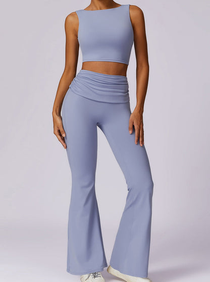 Blau High-Waist Flare Leggings Damen mit Faltbund