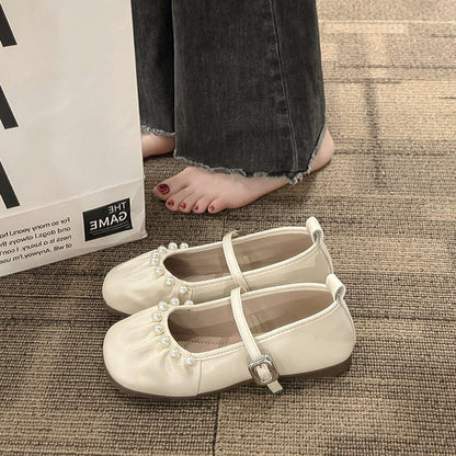 Damen Ballerinas Schuhe Perlen Dekor Flexibles Riemchen
