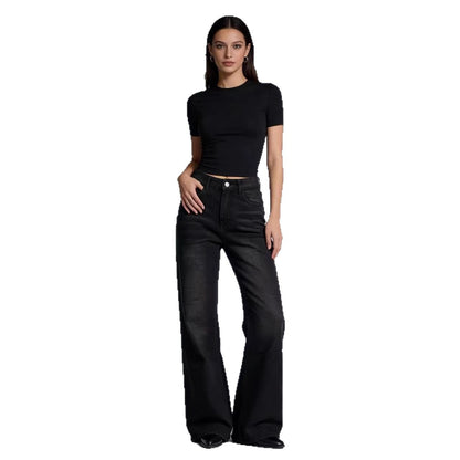 Damen Flare Jeans Hochwerder mit Fransen Saum