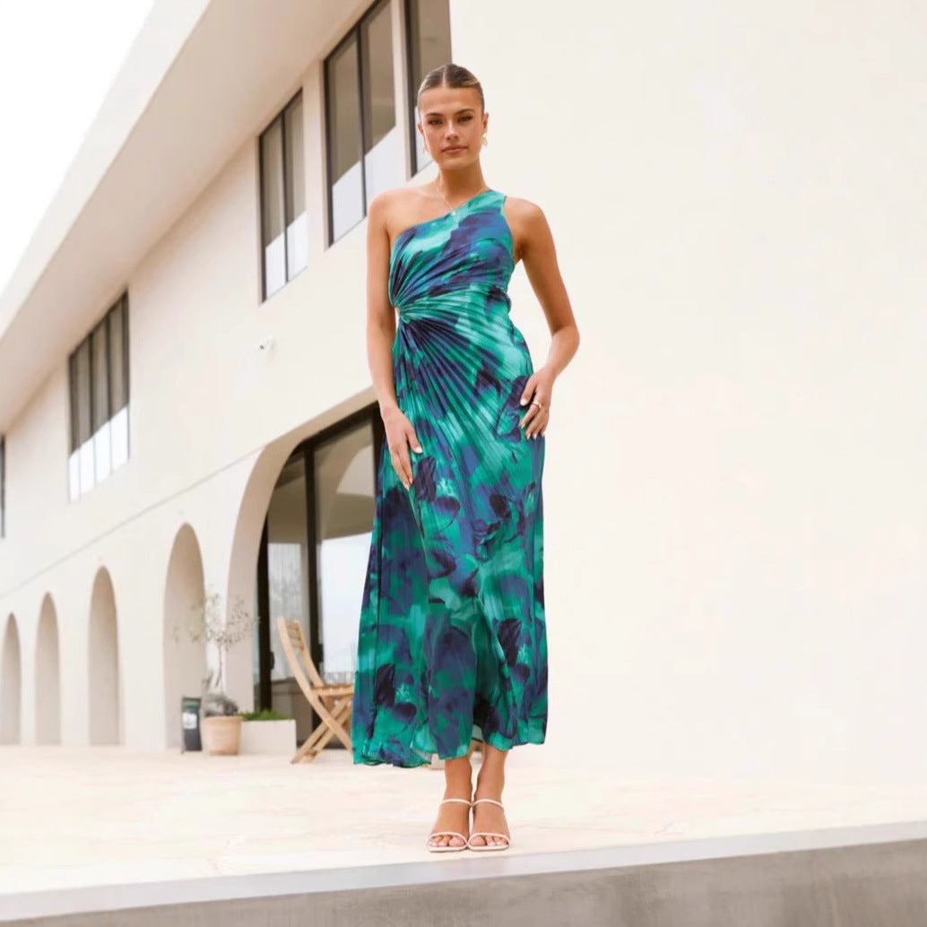 Elegantes Maxikleid Damen Asymmetrisch Falten Chic
