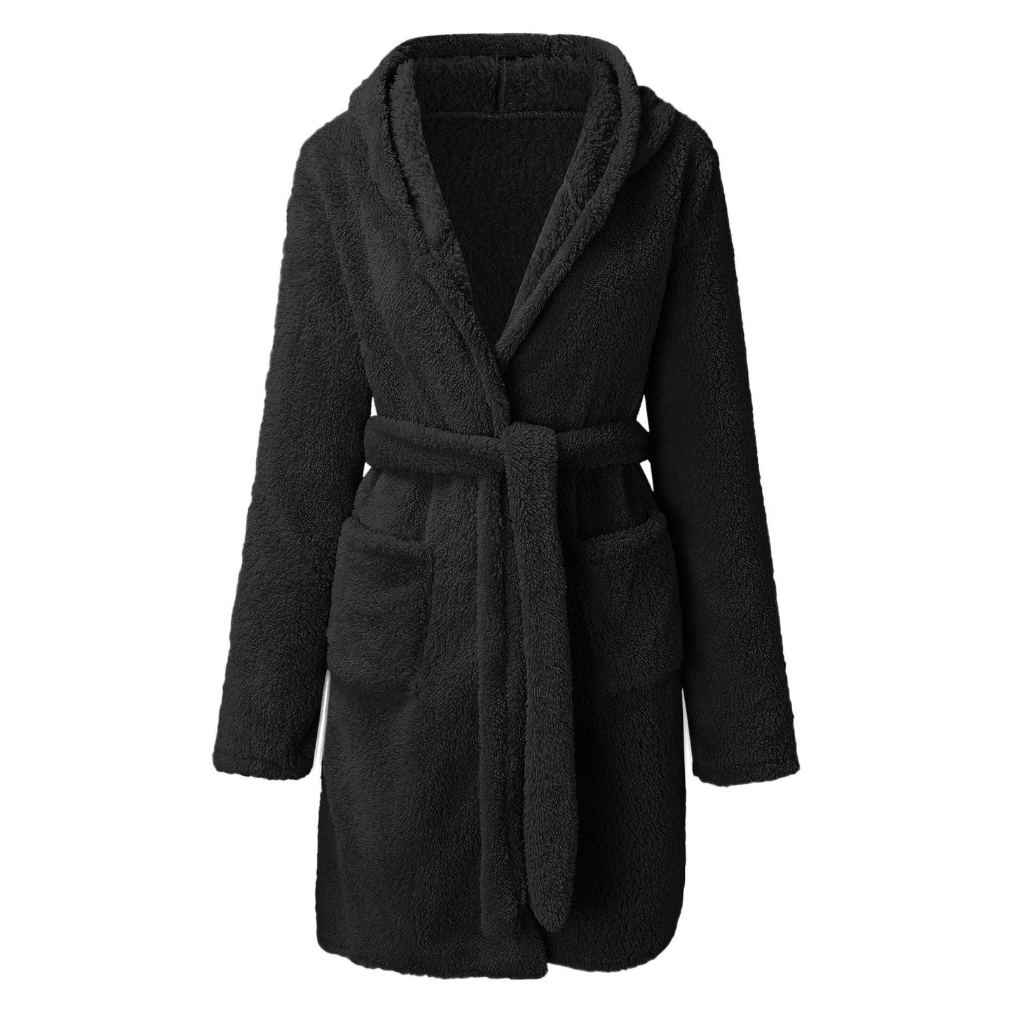 Weicher Damen Fleece Bademantel mit Kapuze und Gürtel
