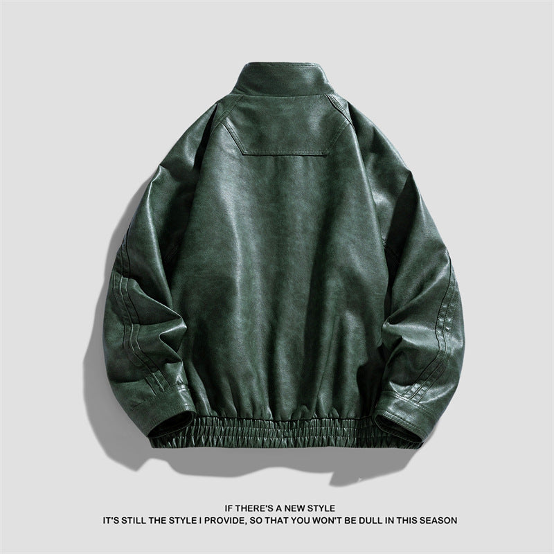 Herren Lederjacke Modern mit Hoher Kragen und Reißverschlusstaschen