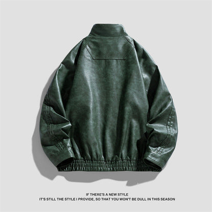 Herren Lederjacke Modern mit Hoher Kragen und Reißverschlusstaschen