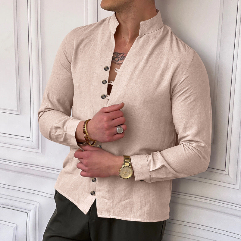 Herren Langarmhemd Stehkragen Modern Knöpfe Slimfit