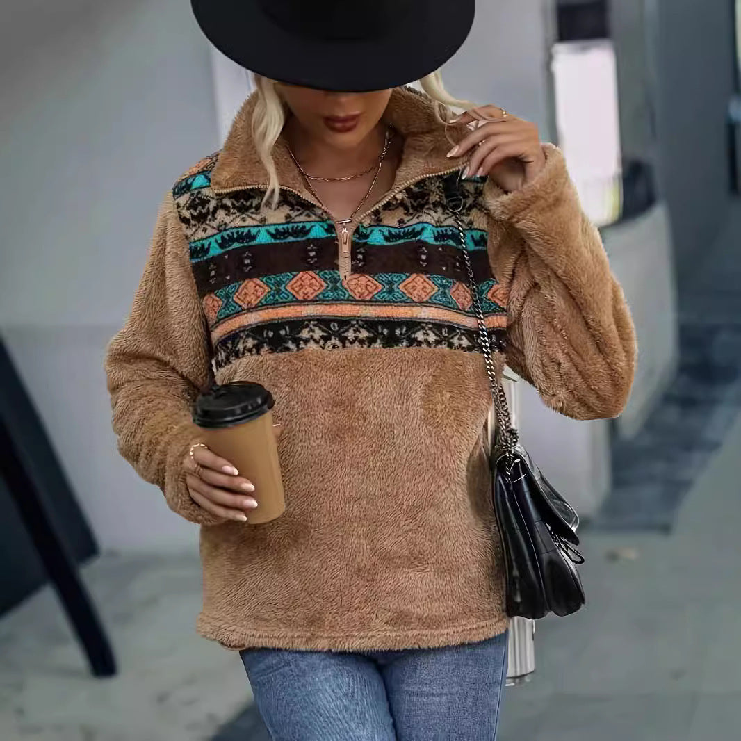 Damen Fleece-Pullover Blumenmuster Halbhoch Reißverschluss