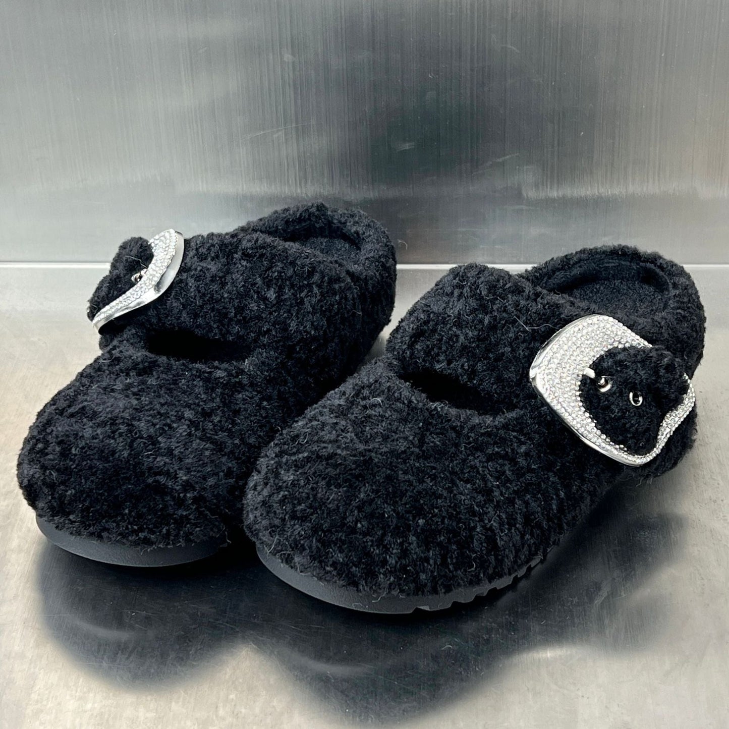 Damen Hausschuhe Flauschig mit Schnallen Weich Warm