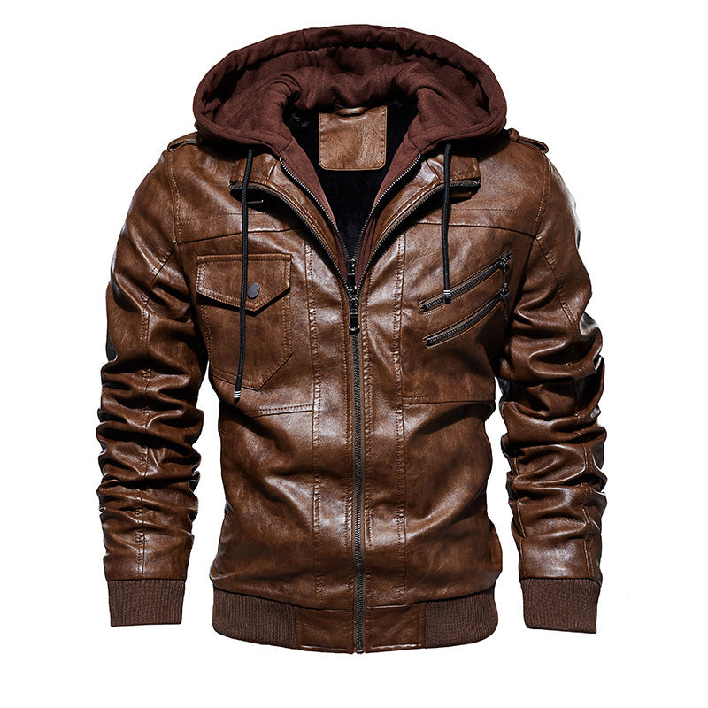 Herren Lederjacke Lässig Mit Kapuze Viel Taschen
