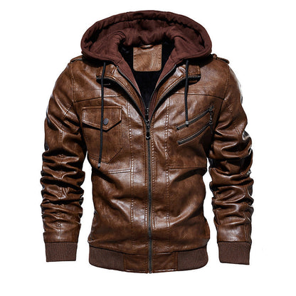 Herren Lederjacke Lässig Mit Kapuze Viel Taschen