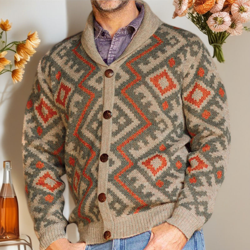 Herren Strickjacke Geometrisches Muster Warm Schal Kragen