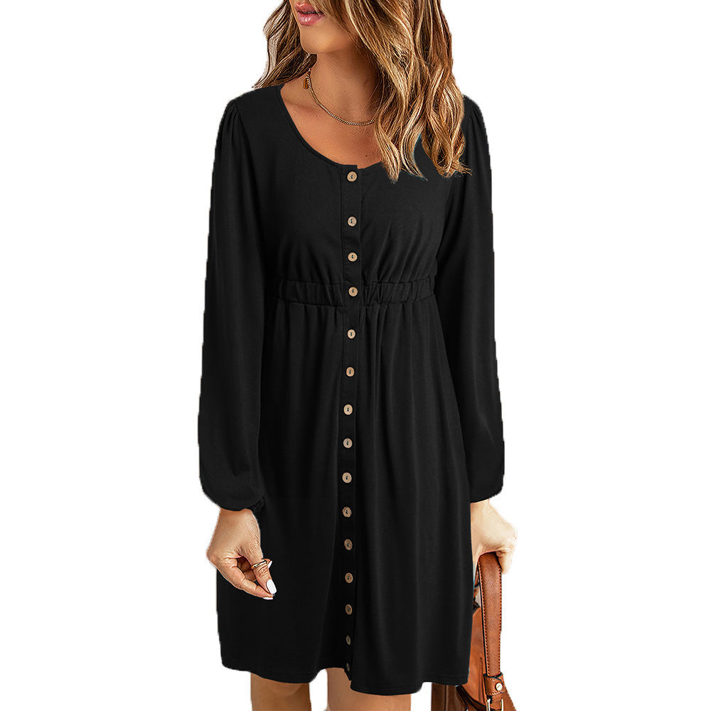 Damen Kleid mit Knopfleiste Elastischer Bund Elegant