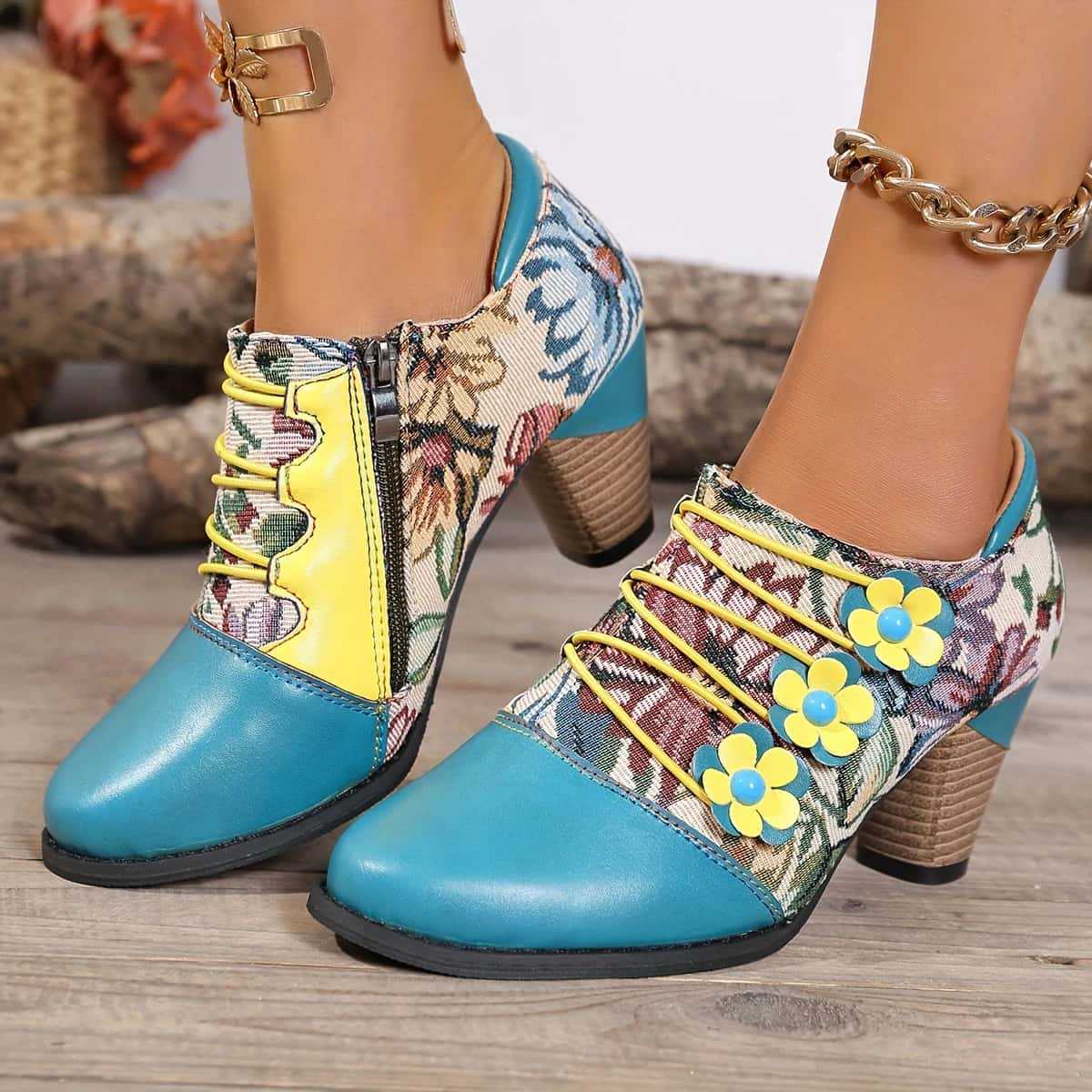 Damen Stiefeletten Blumenmuster Komfort Blockabsatz