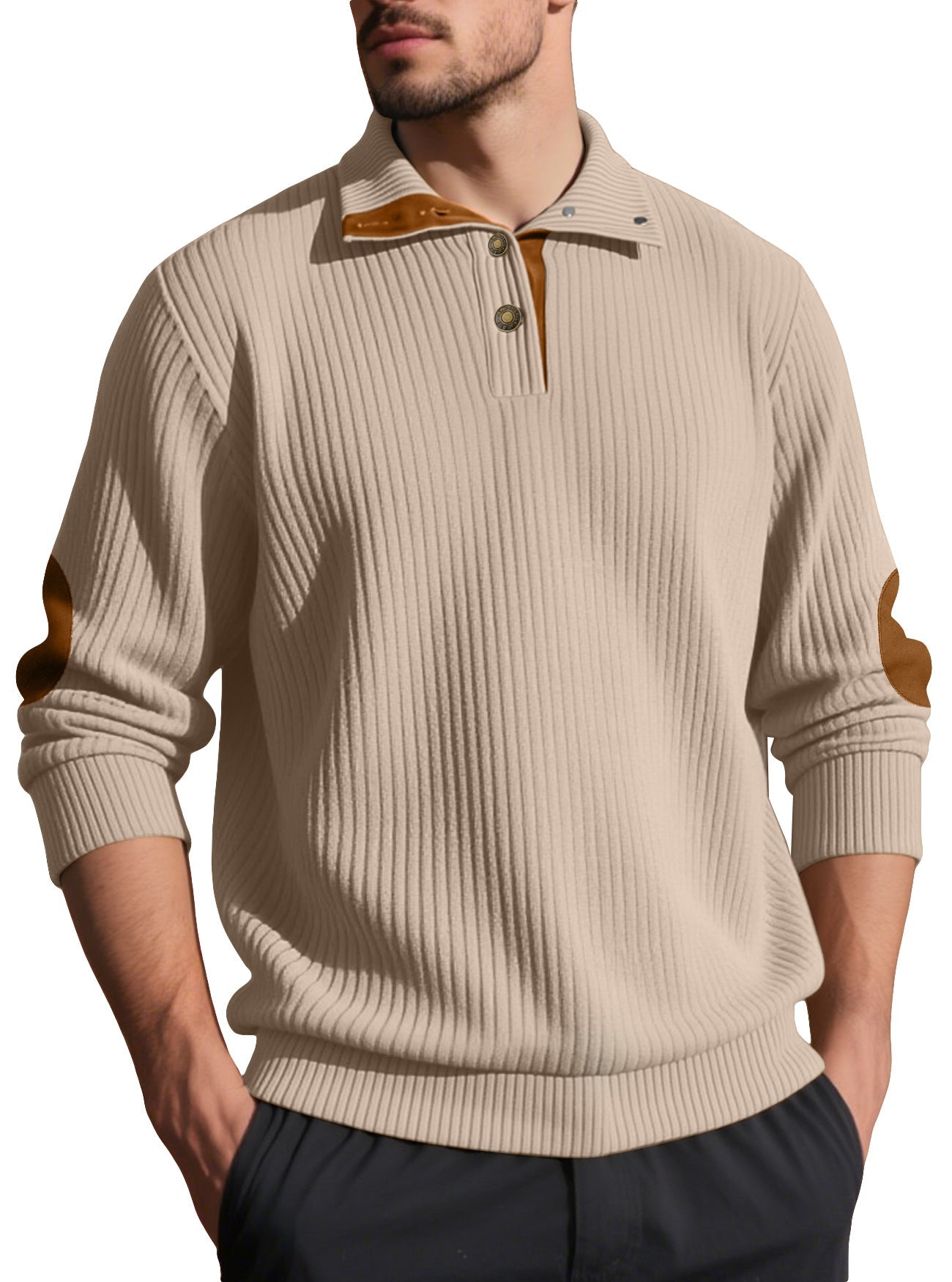 Herren Strickpullover Rippstruktur Elegante Knöpfe Modern
