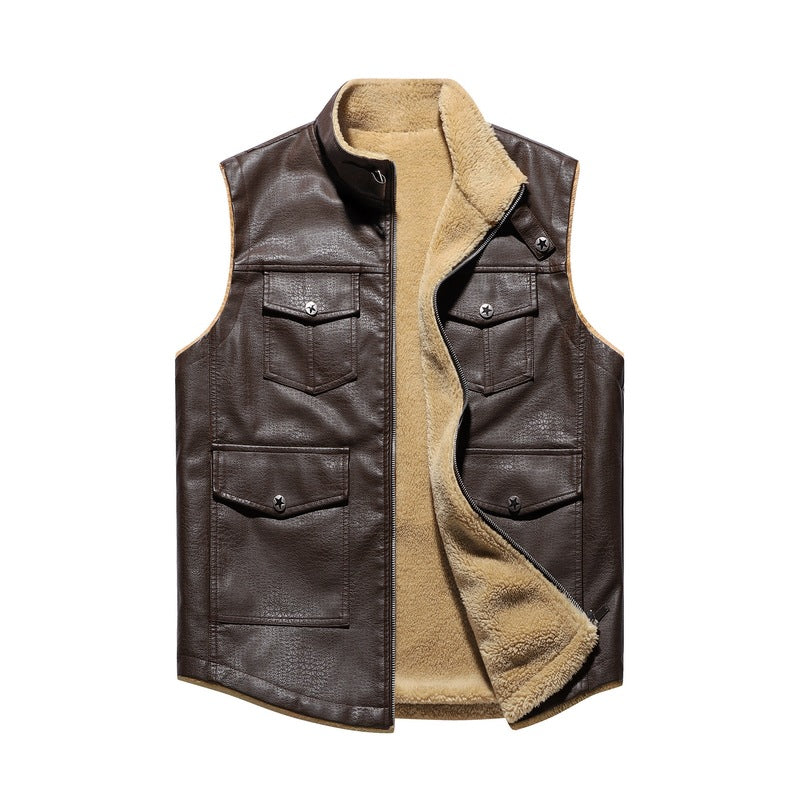 Herren Lederweste Wärmend Fleece Taschen Schwarz