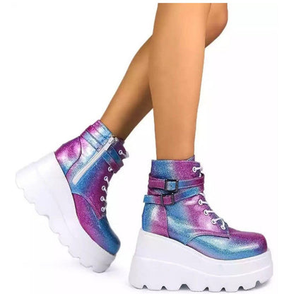 Damen Plateau-Stiefel Schnallen-Design Höhe Reißverschluss Schwarz