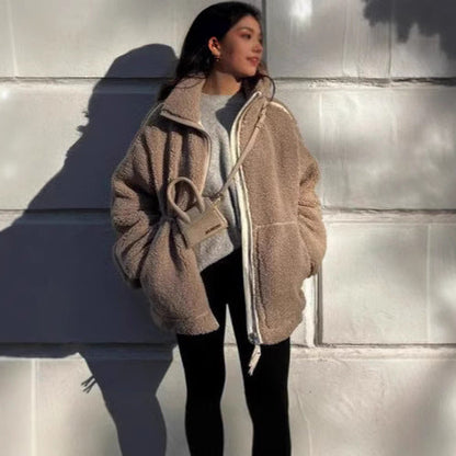 Damen Fleecejacke Warm mit Taschen und Hochkragen