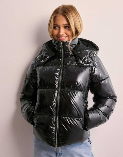 Damen Pufferjacke Schwarz - Warme Steppjacke mit Kapuze