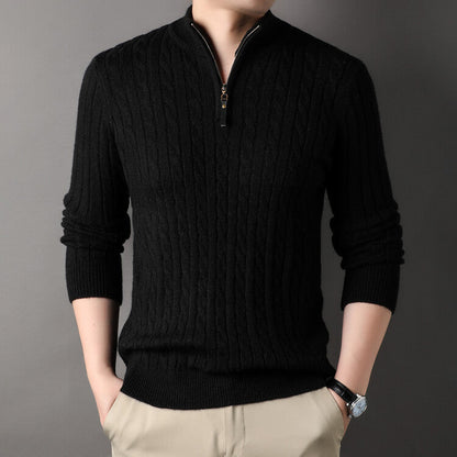 Herren Pullover Strick Zopfmuster Zipper Grün