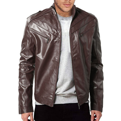 Herren Lederjacke Bikerstil Steppdetail Schwarz