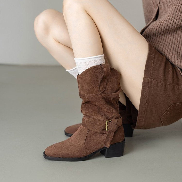 Western Stiefeletten Damen Blockabsatz Riemen Schuhe - BerlinGlamour