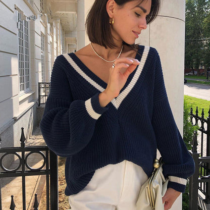 Damen Pullover V-Ausschnitt Streifenmuster Modern