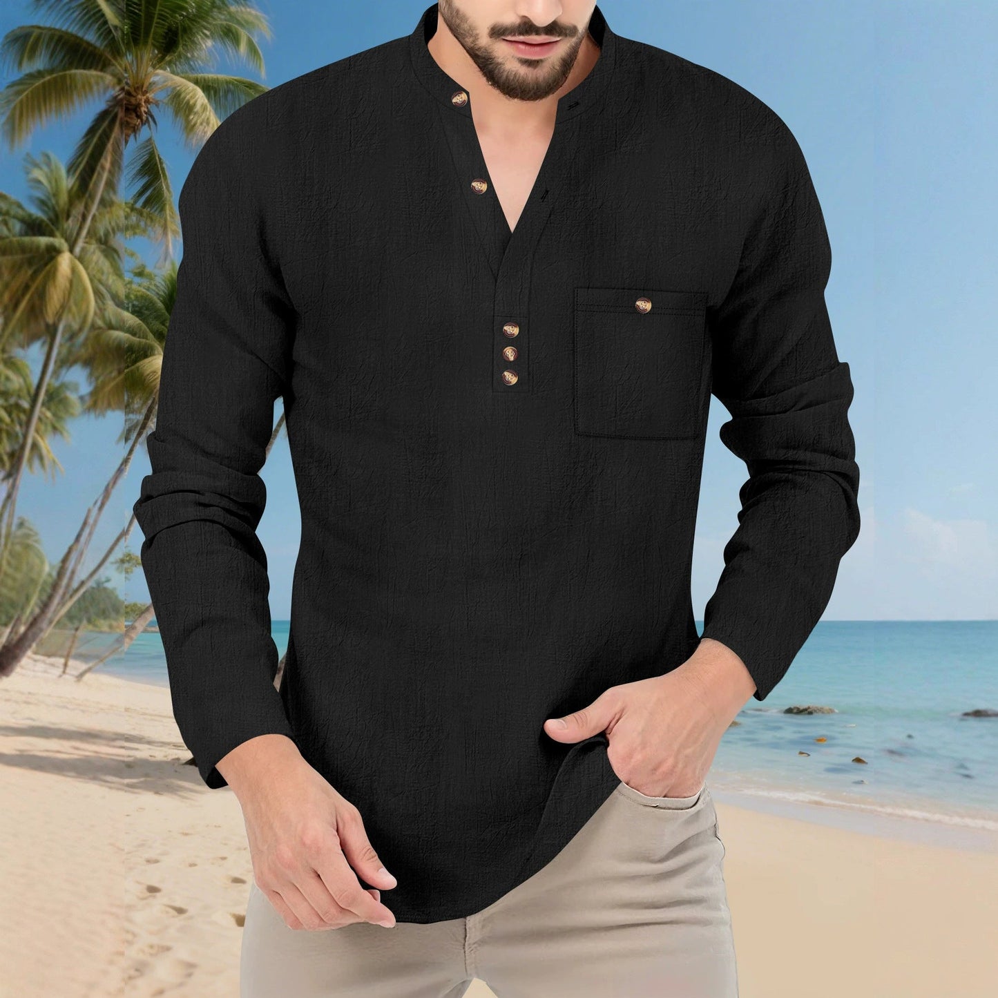 Herren Langarmshirt Mit Knopfleiste Und Brusttasche Modern Casual