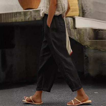 Damen Leinenhose Bequem Elastisch Mit Taschen