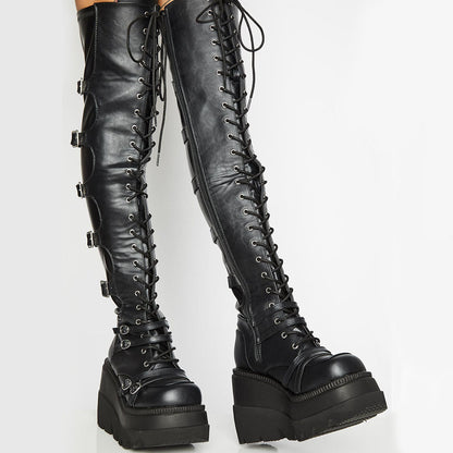 Damen Plateau Stiefel Hoch mit Reißverschluss und Schnürsenkel Schwarz - BerlinGlamour