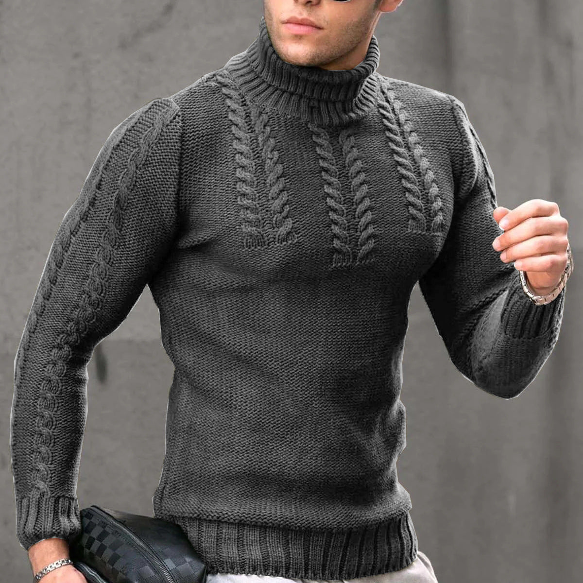 Herren Strickpullover Hochkragen Zopfmuster Elegant