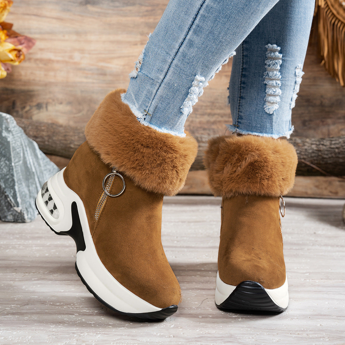 Damen Stiefel Sneaker mit Weichem Fellkragen Trendy Reißverschluss - BerlinGlamour