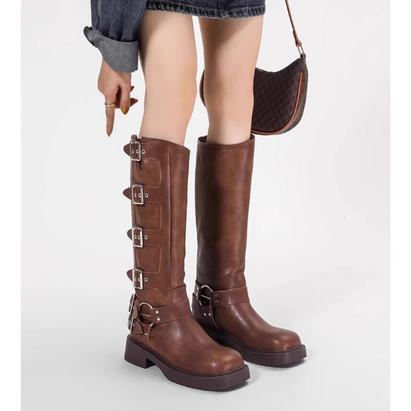 Damen Stiefel Schnalle Blockabsatz Robust Schwarz