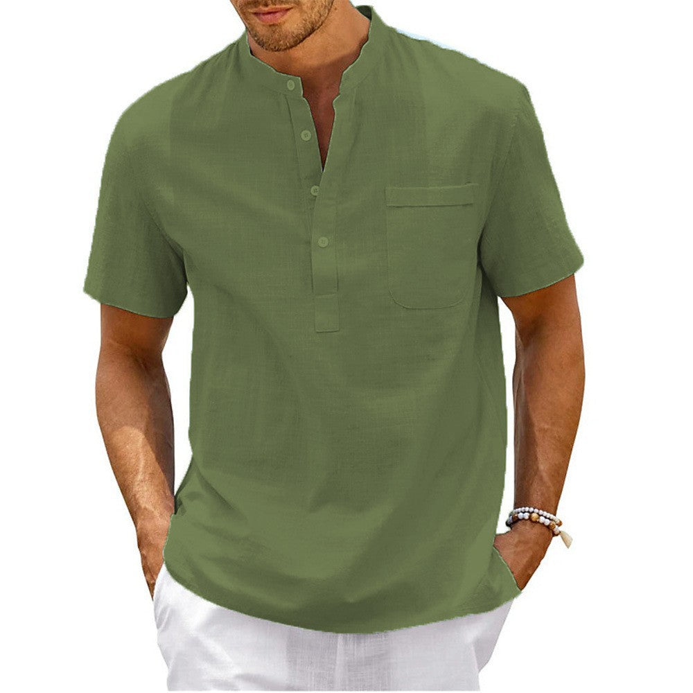Herren Hemd Kurzarm Modern Henley Kragen mit Brusttasche